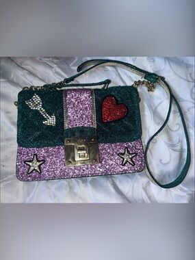 Aldo Green & Purple Glitter Crossbody with Red Heart and Crystal Arrow
